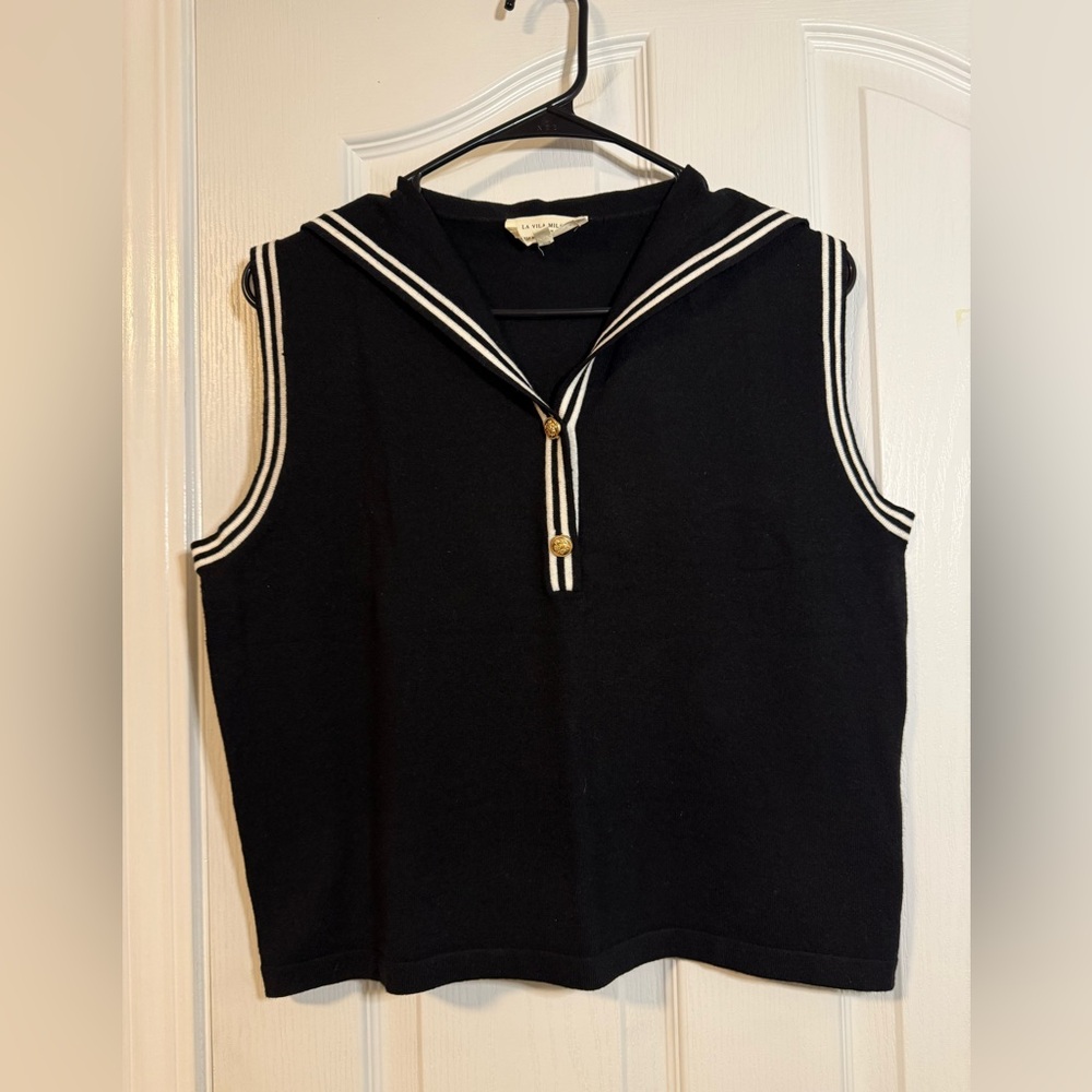La Vila Milano Nautical Black Sleeveless Top with White Accents Medium